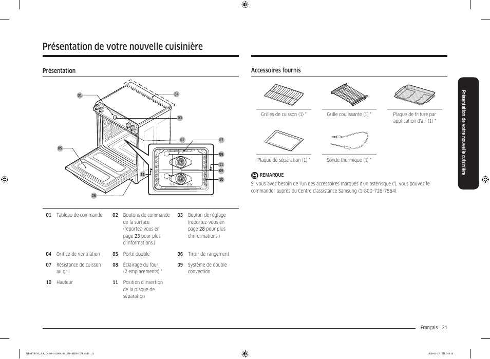 Présentation de votre nouvelle cuisinière, Présentation, Accessoires fournis | Présentation 21 accessoires fournis | Samsung 30 Inch Slide-in Electric Smart Range Owner Manual User Manual | Page 165 / 216