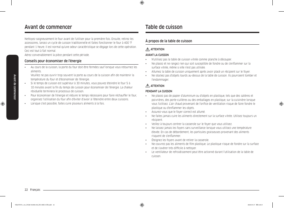 Avant de commencer, Conseils pour économiser de l'énergie, Table de cuisson | À propos de la table de cuisson, Avant de commencer table de cuisson | Samsung 30 Inch Slide-in Electric Smart Range Owner Manual User Manual | Page 166 / 216
