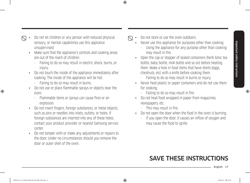 Save these instructions | Samsung 30 Inch Slide-in Electric Smart Range Owner Manual User Manual | Page 17 / 216