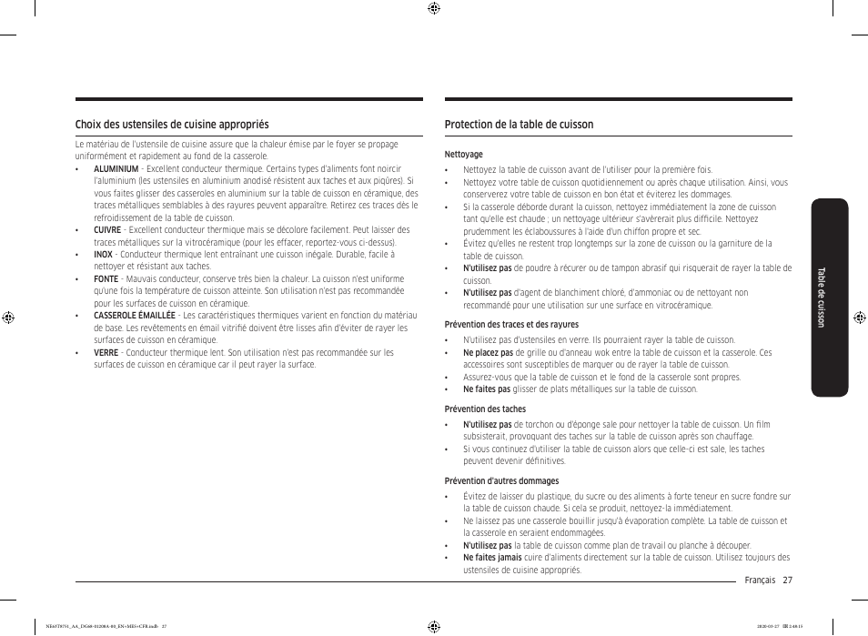Choix des ustensiles de cuisine appropriés, Protection de la table de cuisson | Samsung 30 Inch Slide-in Electric Smart Range Owner Manual User Manual | Page 171 / 216