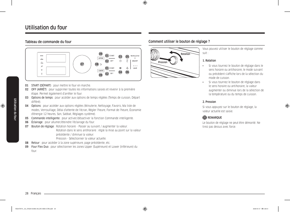 Utilisation du four, Tableau de commande du four, Comment utiliser le bouton de réglage | Pour plus | Samsung 30 Inch Slide-in Electric Smart Range Owner Manual User Manual | Page 172 / 216