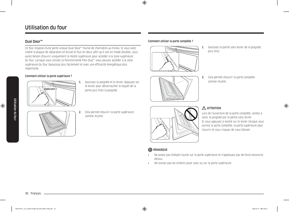 Dual door, Utilisation du four | Samsung 30 Inch Slide-in Electric Smart Range Owner Manual User Manual | Page 174 / 216