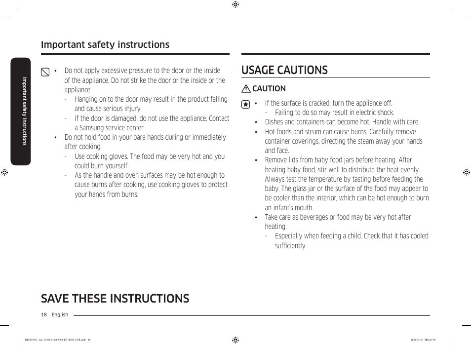 Save these instructions usage cautions, Important safety instructions | Samsung 30 Inch Slide-in Electric Smart Range Owner Manual User Manual | Page 18 / 216