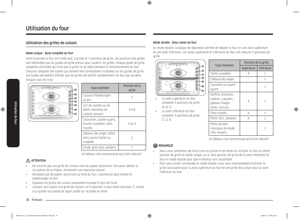 Utilisation des grilles de cuisson, Utilisation du four | Samsung 30 Inch Slide-in Electric Smart Range Owner Manual User Manual | Page 180 / 216