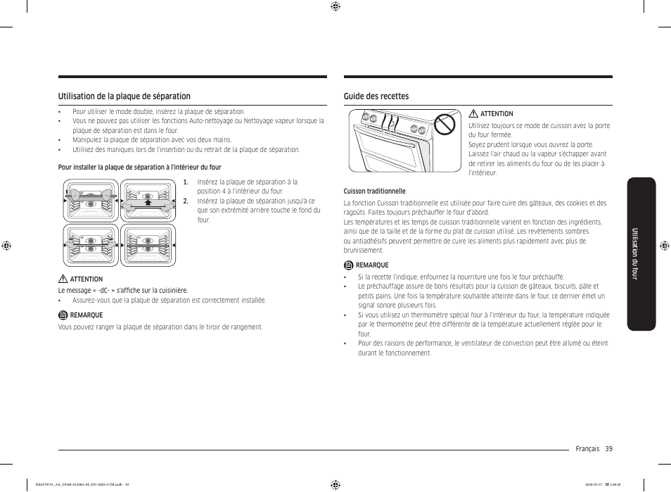 Utilisation de la plaque de séparation, Guide des recettes | Samsung 30 Inch Slide-in Electric Smart Range Owner Manual User Manual | Page 183 / 216