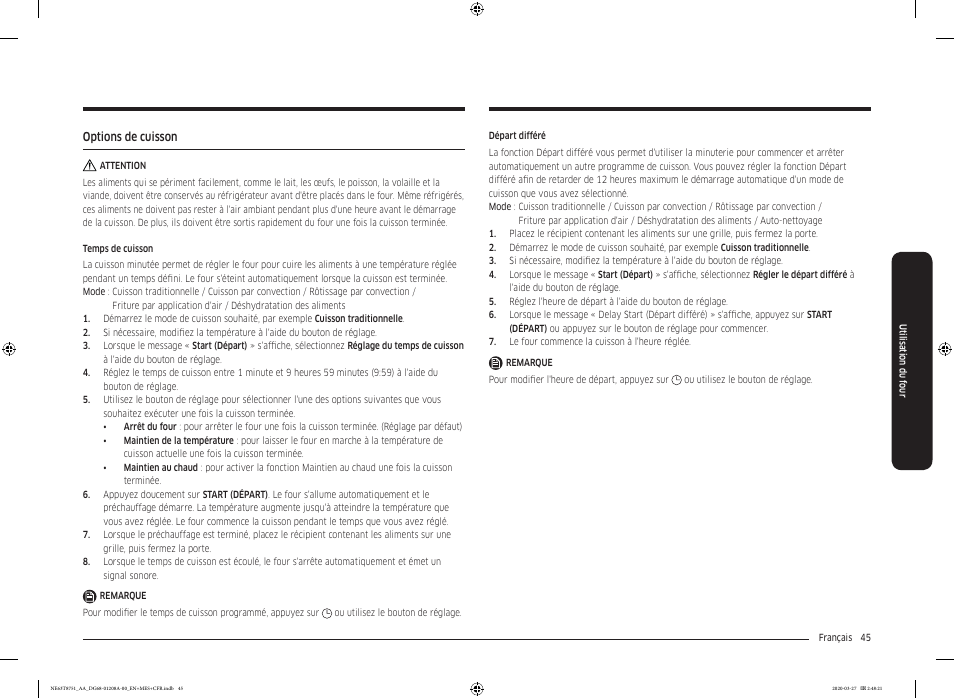 Options de cuisson | Samsung 30 Inch Slide-in Electric Smart Range Owner Manual User Manual | Page 189 / 216