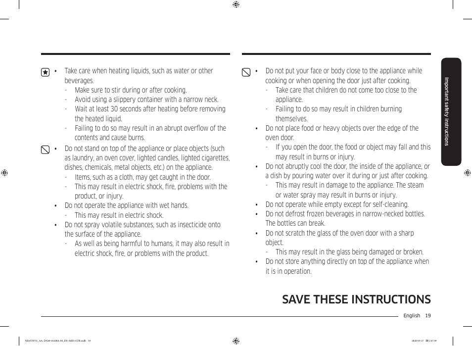 Save these instructions | Samsung 30 Inch Slide-in Electric Smart Range Owner Manual User Manual | Page 19 / 216