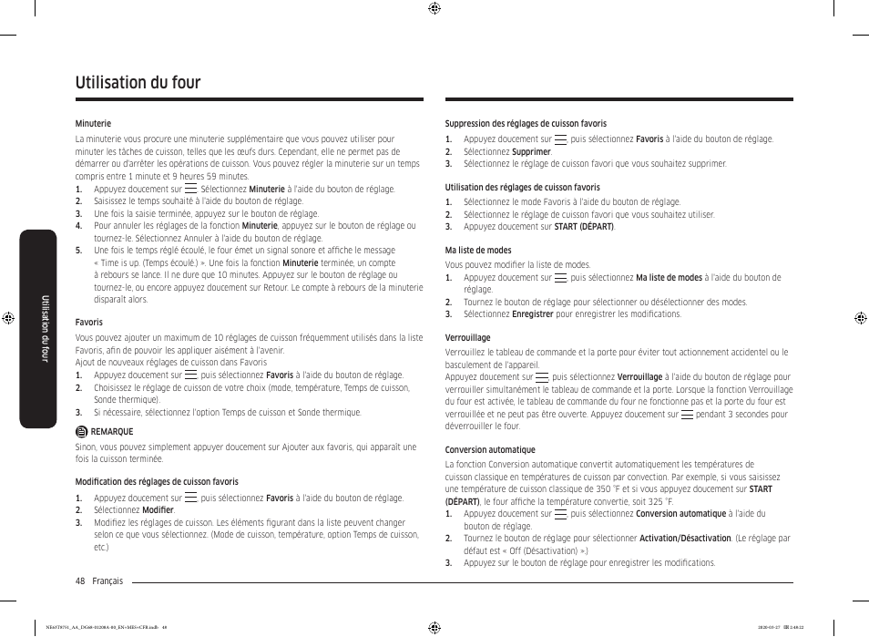 Utilisation du four | Samsung 30 Inch Slide-in Electric Smart Range Owner Manual User Manual | Page 192 / 216