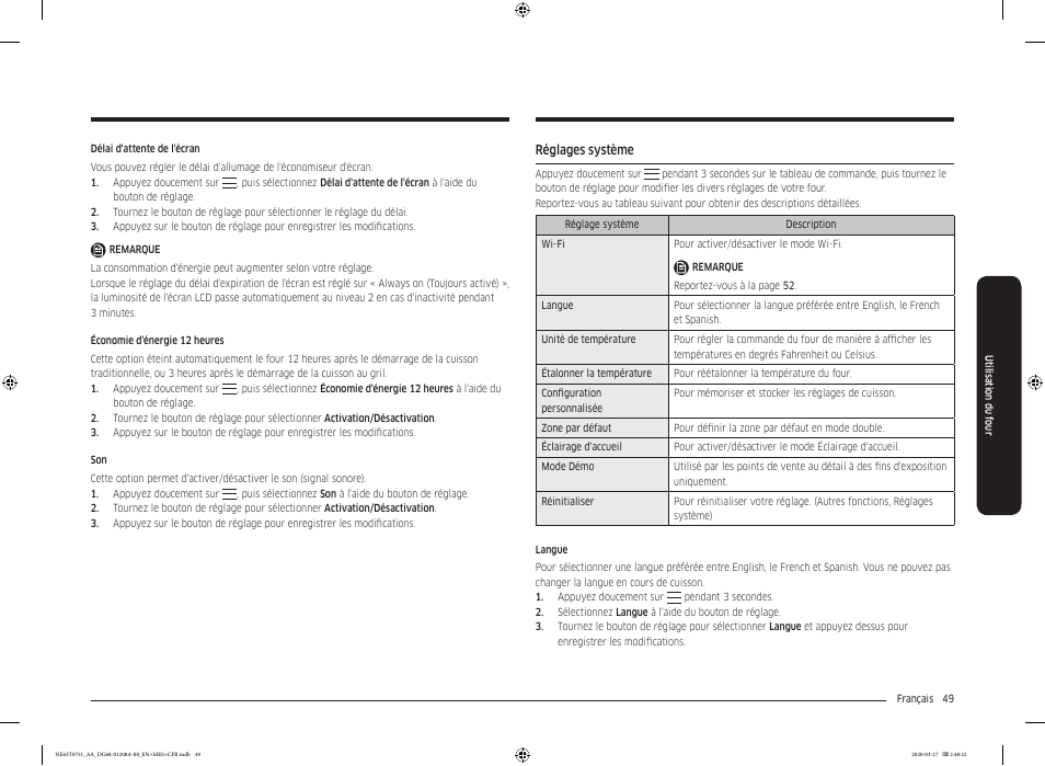 Réglages système | Samsung 30 Inch Slide-in Electric Smart Range Owner Manual User Manual | Page 193 / 216