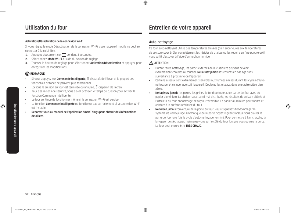 Entretien de votre appareil, Auto-nettoyage, Auto-nettoyage 52 | Utilisation du four | Samsung 30 Inch Slide-in Electric Smart Range Owner Manual User Manual | Page 196 / 216