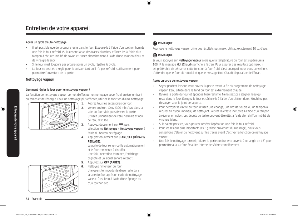 Nettoyage vapeur, Entretien de votre appareil | Samsung 30 Inch Slide-in Electric Smart Range Owner Manual User Manual | Page 198 / 216