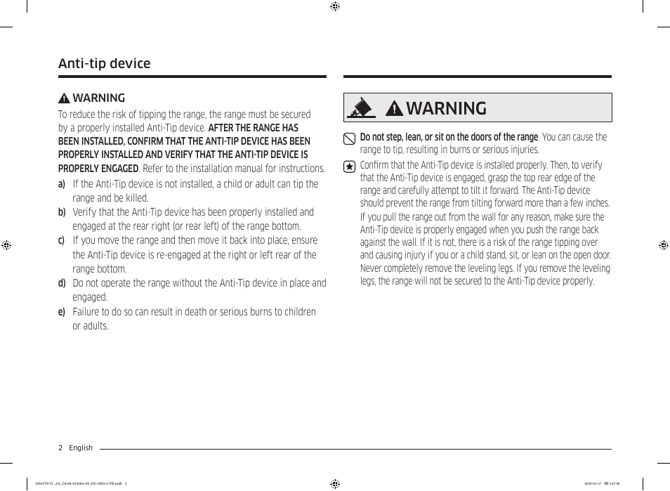 Warning, Anti-tip device | Samsung 30 Inch Slide-in Electric Smart Range Owner Manual User Manual | Page 2 / 216