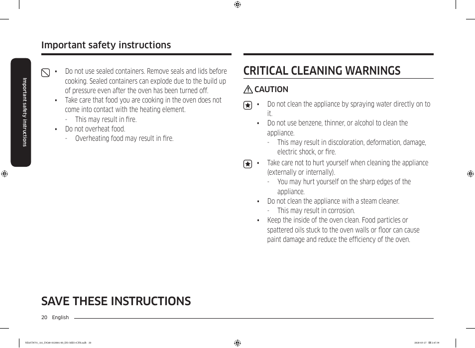 Save these instructions, Critical cleaning warnings, Important safety instructions | Samsung 30 Inch Slide-in Electric Smart Range Owner Manual User Manual | Page 20 / 216