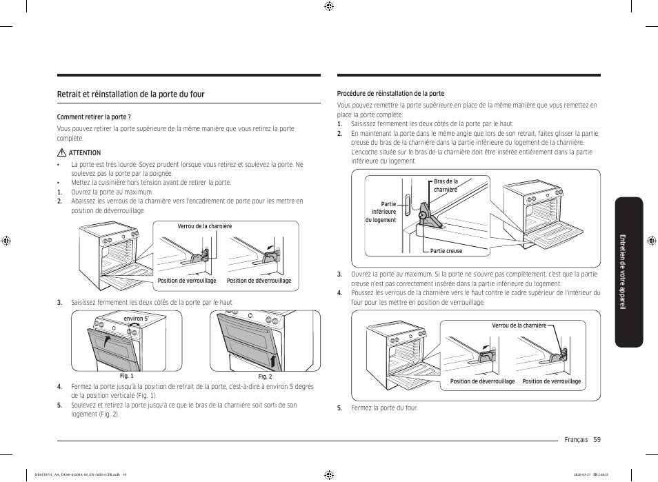 Retrait et réinstallation de la porte du four | Samsung 30 Inch Slide-in Electric Smart Range Owner Manual User Manual | Page 203 / 216