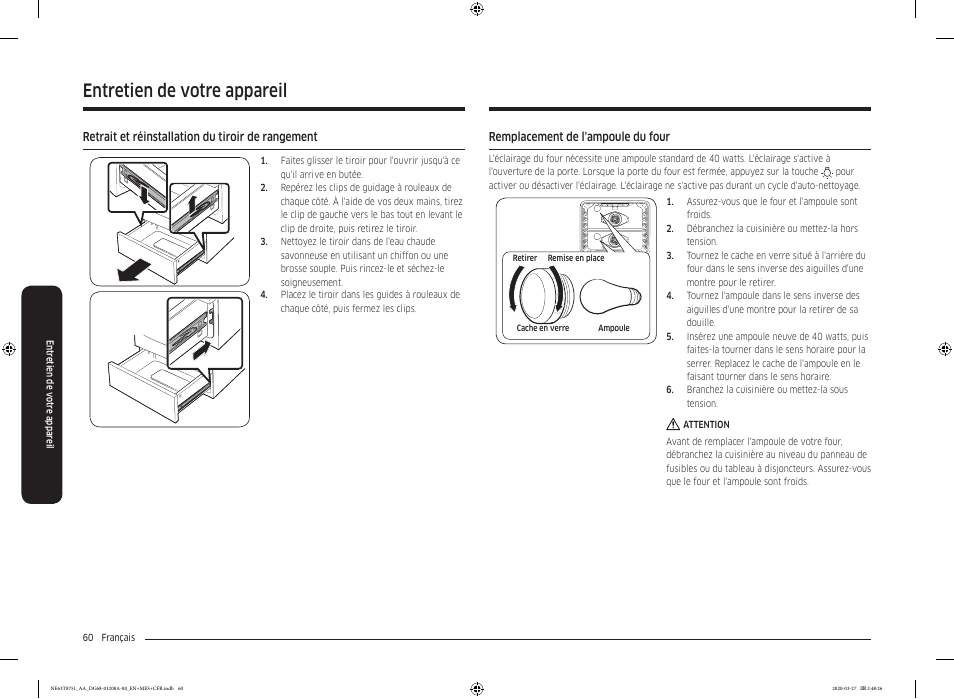 Retrait et réinstallation du tiroir de rangement, Remplacement de l'ampoule du four, Entretien de votre appareil | Samsung 30 Inch Slide-in Electric Smart Range Owner Manual User Manual | Page 204 / 216