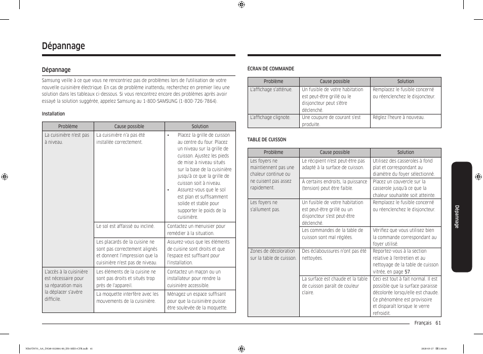 Dépannage, Dépannage 61 | Samsung 30 Inch Slide-in Electric Smart Range Owner Manual User Manual | Page 205 / 216