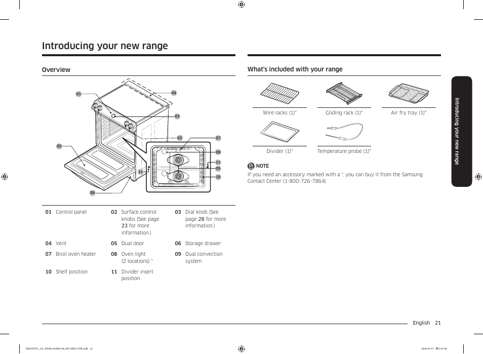 Introducing your new range, Overview, What’s included with your range | Overview 21 what’s included with your range | Samsung 30 Inch Slide-in Electric Smart Range Owner Manual User Manual | Page 21 / 216