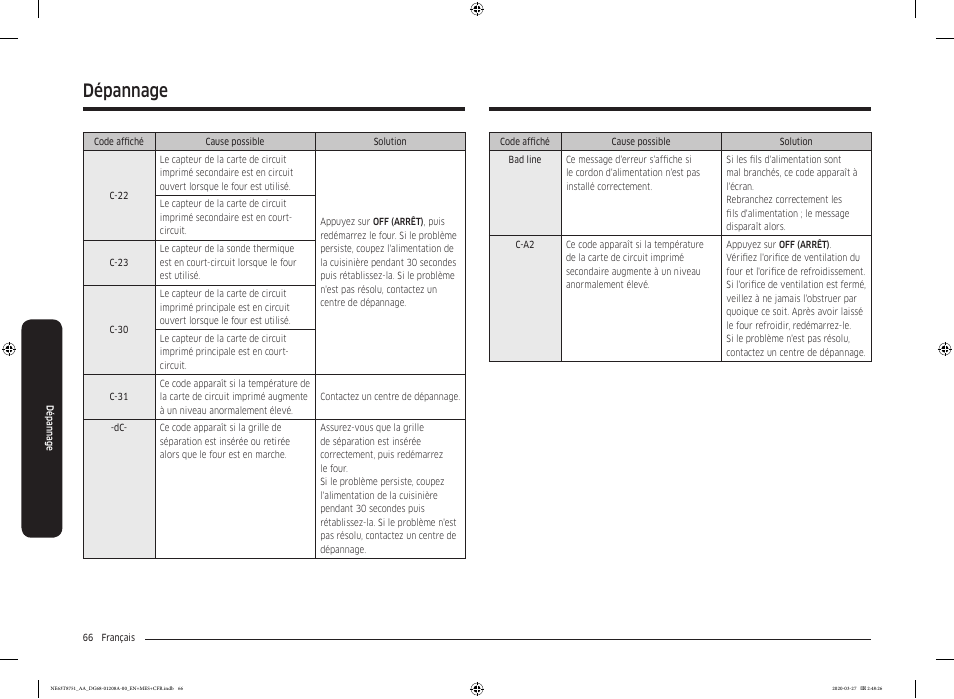 Dépannage | Samsung 30 Inch Slide-in Electric Smart Range Owner Manual User Manual | Page 210 / 216