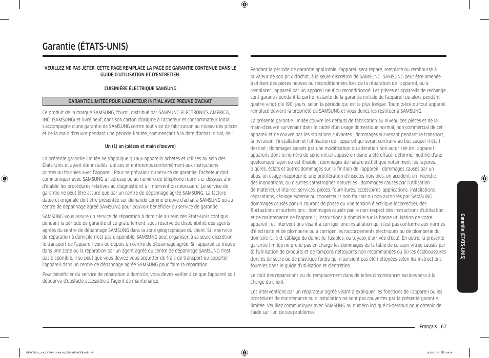 Garantie (états-unis) | Samsung 30 Inch Slide-in Electric Smart Range Owner Manual User Manual | Page 211 / 216