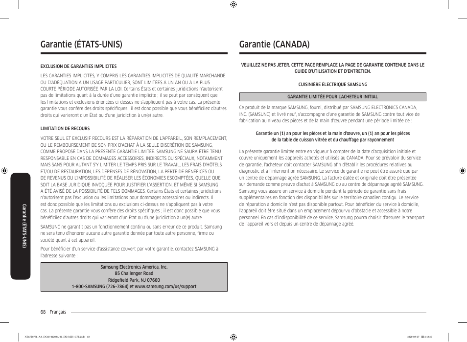 Garantie (canada), Garantie (états-unis) | Samsung 30 Inch Slide-in Electric Smart Range Owner Manual User Manual | Page 212 / 216