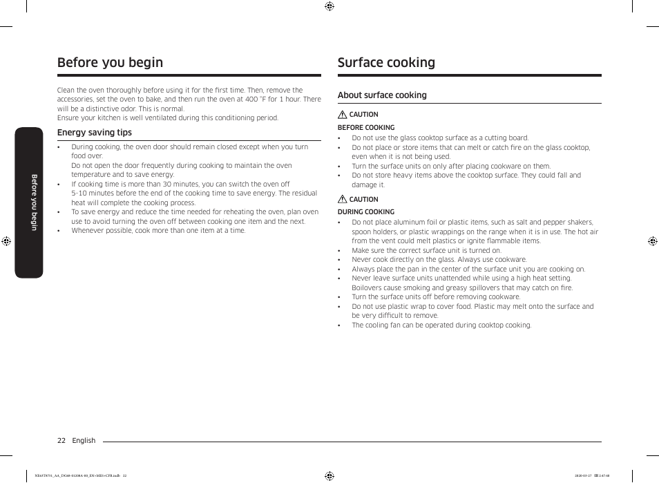 Before you begin, Energy saving tips, Surface cooking | About surface cooking, Before you begin surface cooking | Samsung 30 Inch Slide-in Electric Smart Range Owner Manual User Manual | Page 22 / 216