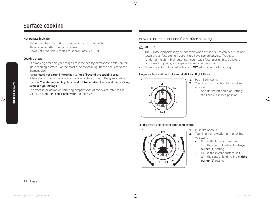 How to set the appliance for surface cooking, Surface cooking | Samsung 30 Inch Slide-in Electric Smart Range Owner Manual User Manual | Page 24 / 216