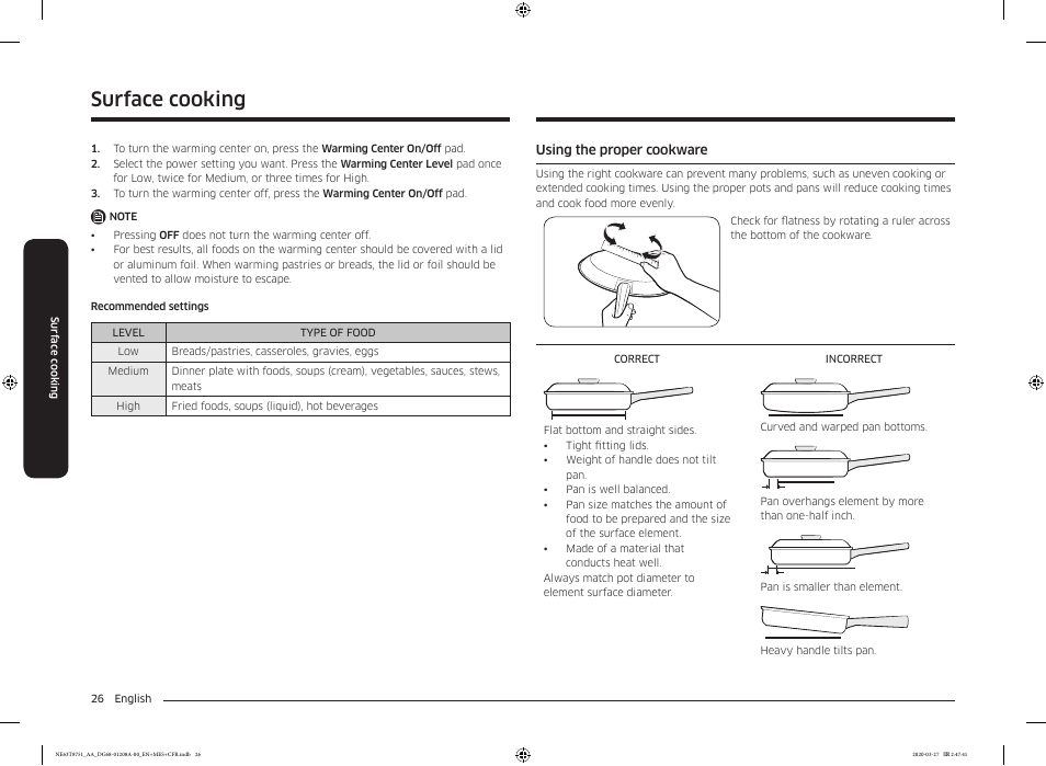 Using the proper cookware, Tion, Surface cooking | Samsung 30 Inch Slide-in Electric Smart Range Owner Manual User Manual | Page 26 / 216