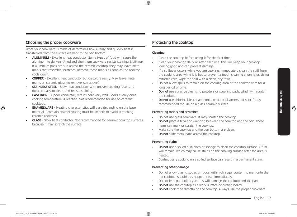 Choosing the proper cookware, Protecting the cooktop | Samsung 30 Inch Slide-in Electric Smart Range Owner Manual User Manual | Page 27 / 216