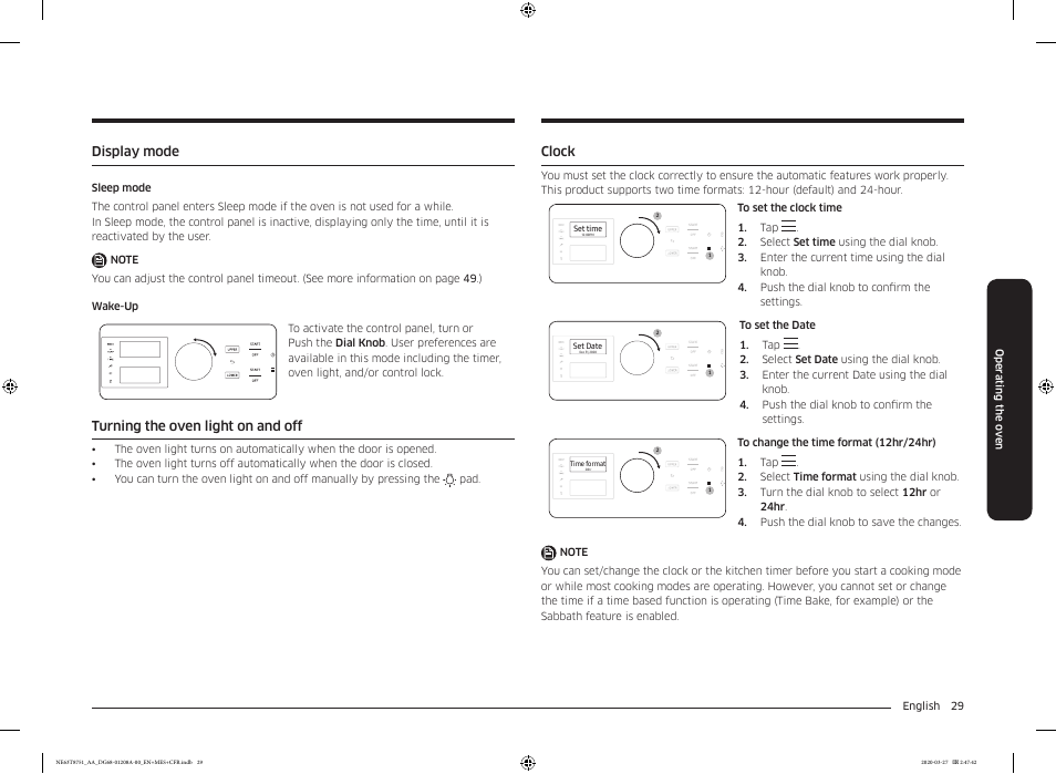 Display mode, Turning the oven light on and off, Clock | Clock 29 | Samsung 30 Inch Slide-in Electric Smart Range Owner Manual User Manual | Page 29 / 216
