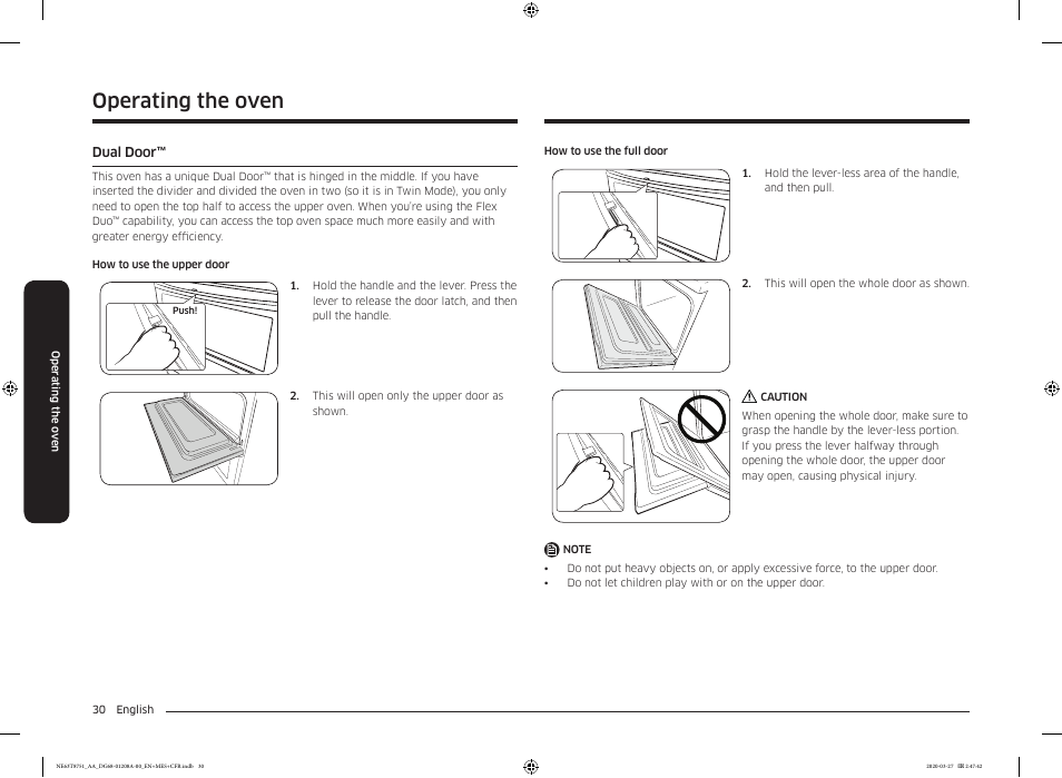 Dual door, Operating the oven | Samsung 30 Inch Slide-in Electric Smart Range Owner Manual User Manual | Page 30 / 216