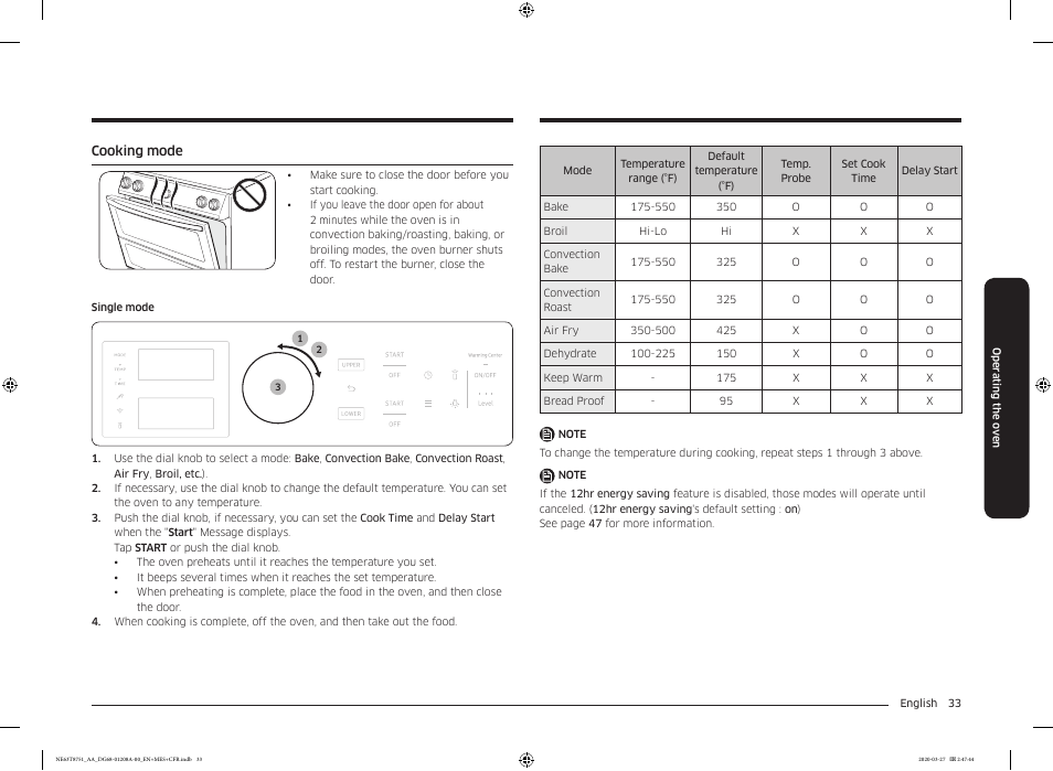 Cooking mode | Samsung 30 Inch Slide-in Electric Smart Range Owner Manual User Manual | Page 33 / 216