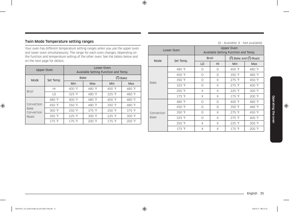 Twin mode temperature setting ranges | Samsung 30 Inch Slide-in Electric Smart Range Owner Manual User Manual | Page 35 / 216