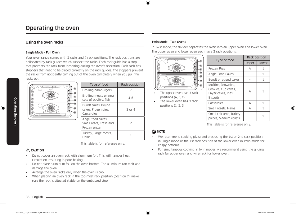 Using the oven racks, Operating the oven | Samsung 30 Inch Slide-in Electric Smart Range Owner Manual User Manual | Page 36 / 216