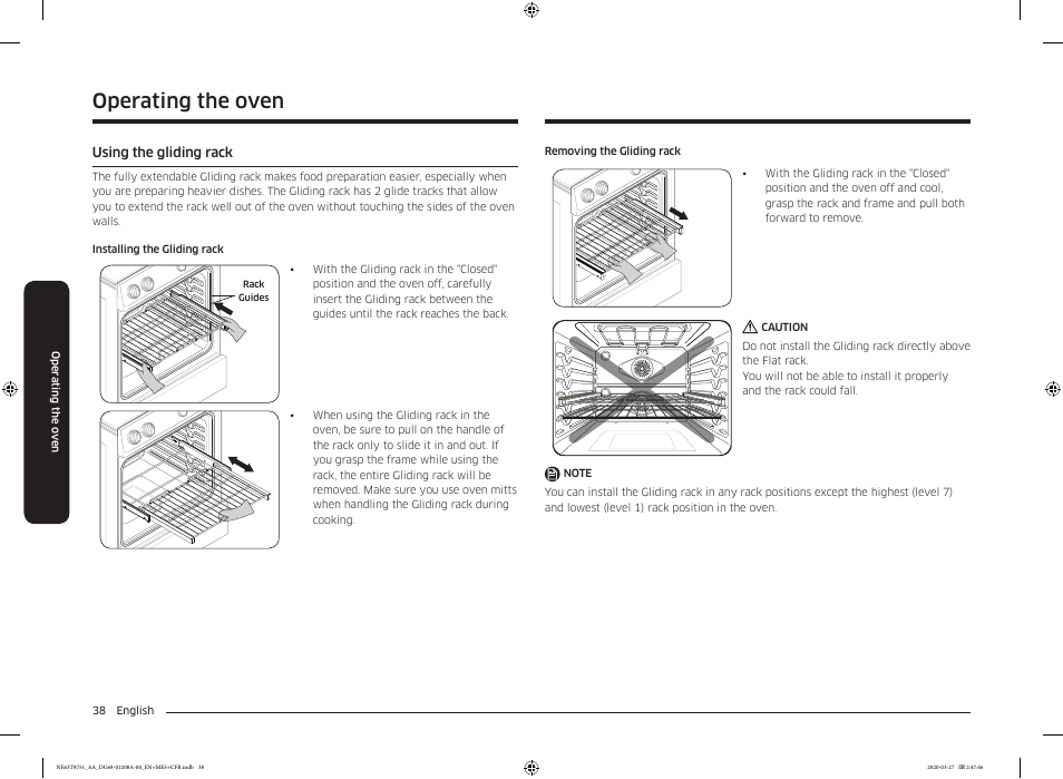 Using the gliding rack, Operating the oven | Samsung 30 Inch Slide-in Electric Smart Range Owner Manual User Manual | Page 38 / 216