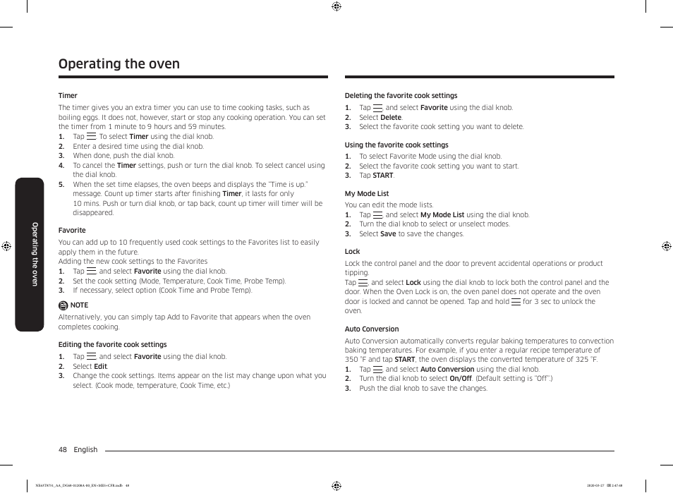 Operating the oven | Samsung 30 Inch Slide-in Electric Smart Range Owner Manual User Manual | Page 48 / 216