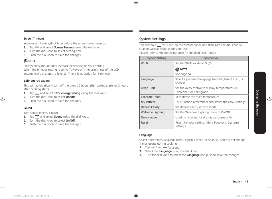 System settings | Samsung 30 Inch Slide-in Electric Smart Range Owner Manual User Manual | Page 49 / 216