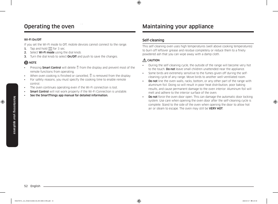 Maintaining your appliance, Self-cleaning, Self-cleaning 52 | Operating the oven | Samsung 30 Inch Slide-in Electric Smart Range Owner Manual User Manual | Page 52 / 216