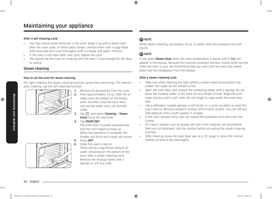 Steam-cleaning, Steam-cleaning 54, Maintaining your appliance | Samsung 30 Inch Slide-in Electric Smart Range Owner Manual User Manual | Page 54 / 216