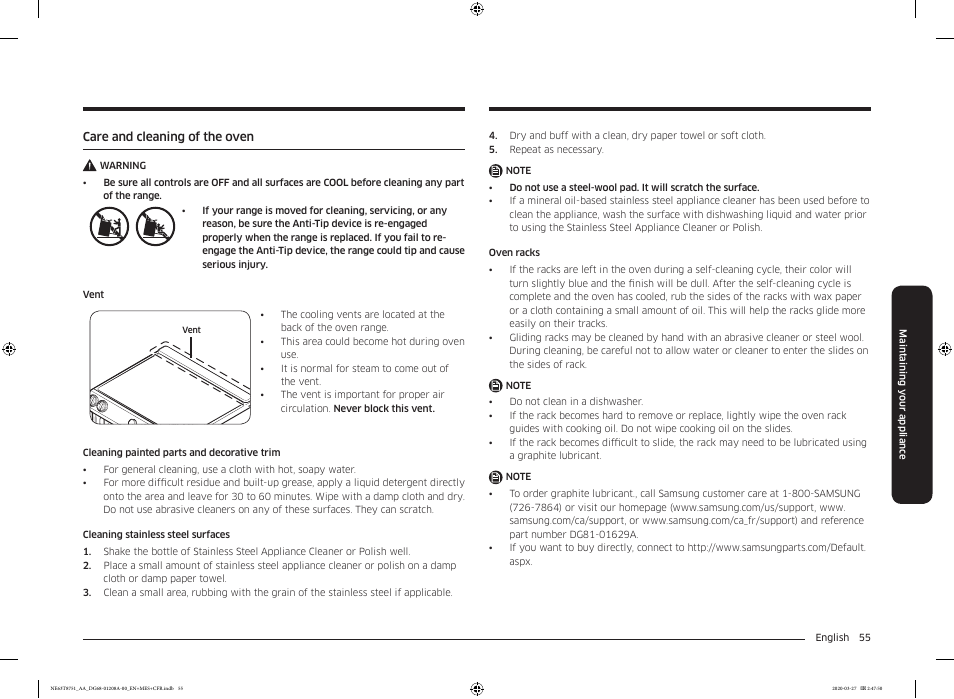 Care and cleaning of the oven | Samsung 30 Inch Slide-in Electric Smart Range Owner Manual User Manual | Page 55 / 216