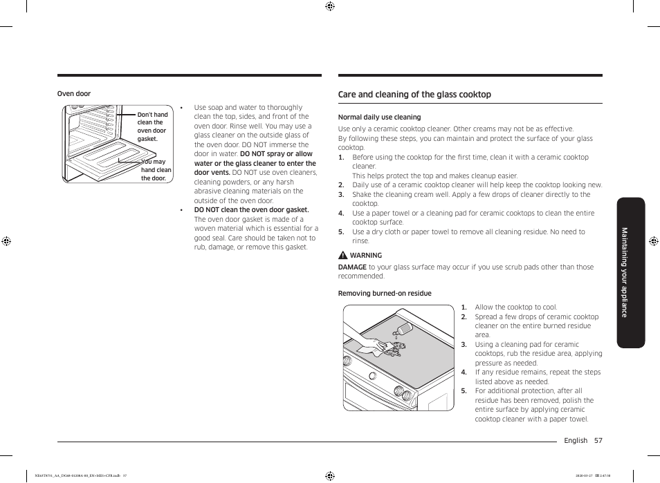 Care and cleaning of the glass cooktop | Samsung 30 Inch Slide-in Electric Smart Range Owner Manual User Manual | Page 57 / 216