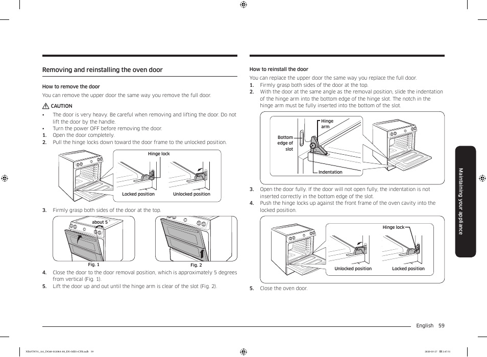 Removing and reinstalling the oven door | Samsung 30 Inch Slide-in Electric Smart Range Owner Manual User Manual | Page 59 / 216