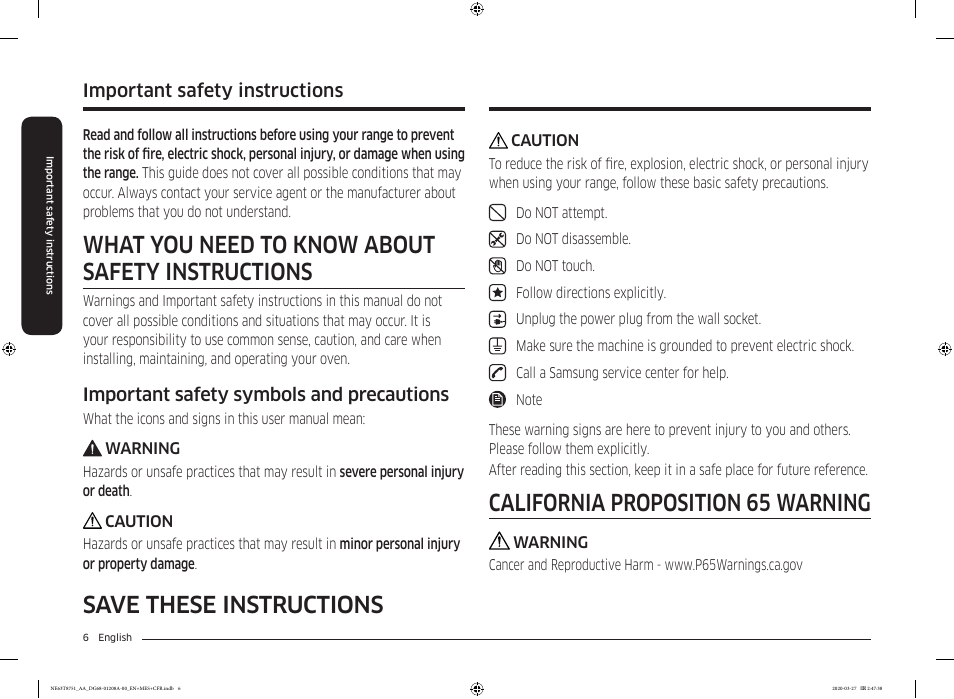 Important safety instructions, Save these instructions, California proposition 65 warning | What you need to know about safety instructions, Important safety symbols and precautions | Samsung 30 Inch Slide-in Electric Smart Range Owner Manual User Manual | Page 6 / 216