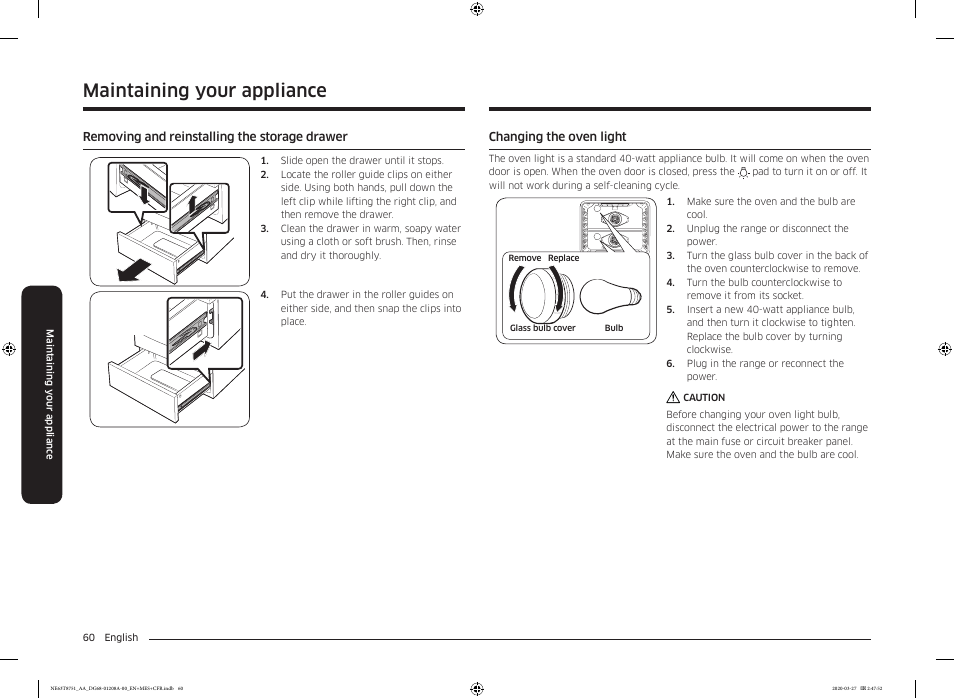 Removing and reinstalling the storage drawer, Changing the oven light, Maintaining your appliance | Samsung 30 Inch Slide-in Electric Smart Range Owner Manual User Manual | Page 60 / 216