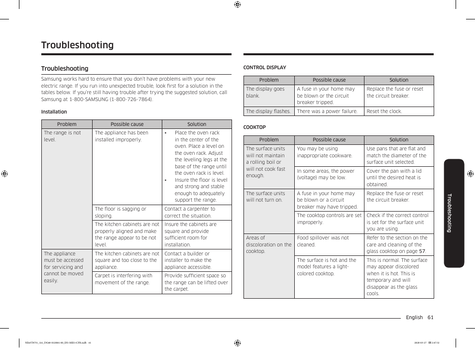Troubleshooting, Troubleshooting 61 | Samsung 30 Inch Slide-in Electric Smart Range Owner Manual User Manual | Page 61 / 216