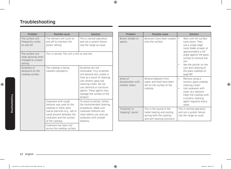 Troubleshooting | Samsung 30 Inch Slide-in Electric Smart Range Owner Manual User Manual | Page 62 / 216