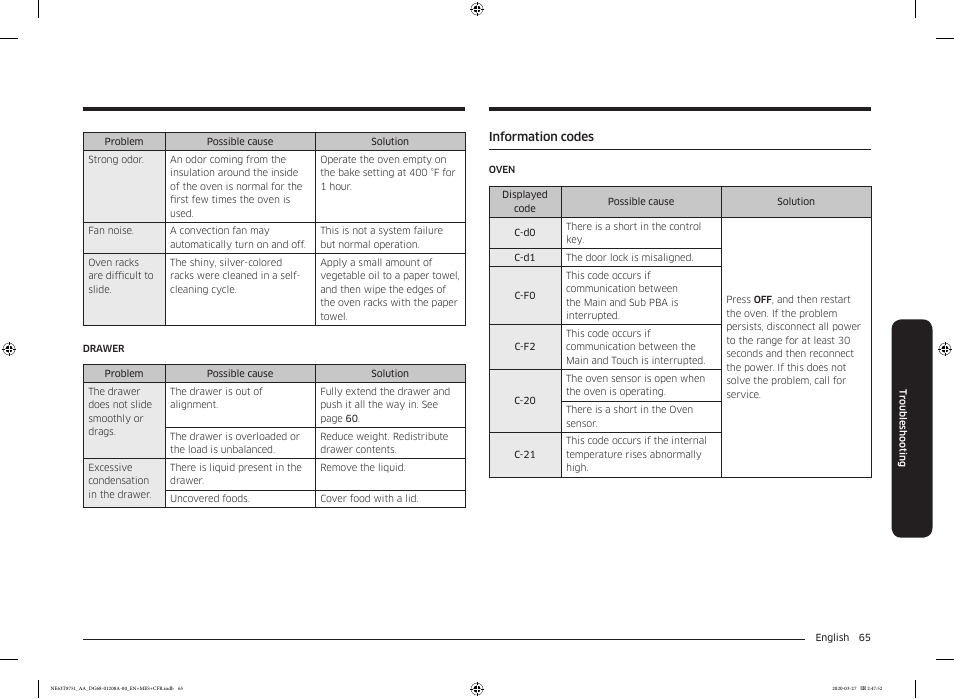 Information codes | Samsung 30 Inch Slide-in Electric Smart Range Owner Manual User Manual | Page 65 / 216