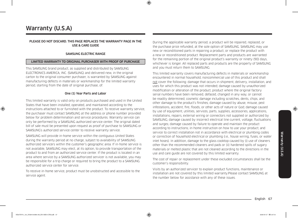 Warranty (u.s.a) | Samsung 30 Inch Slide-in Electric Smart Range Owner Manual User Manual | Page 67 / 216