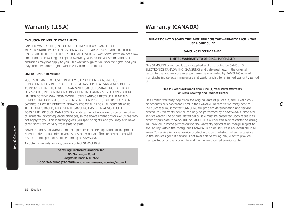 Warranty (canada), Warranty (u.s.a) | Samsung 30 Inch Slide-in Electric Smart Range Owner Manual User Manual | Page 68 / 216