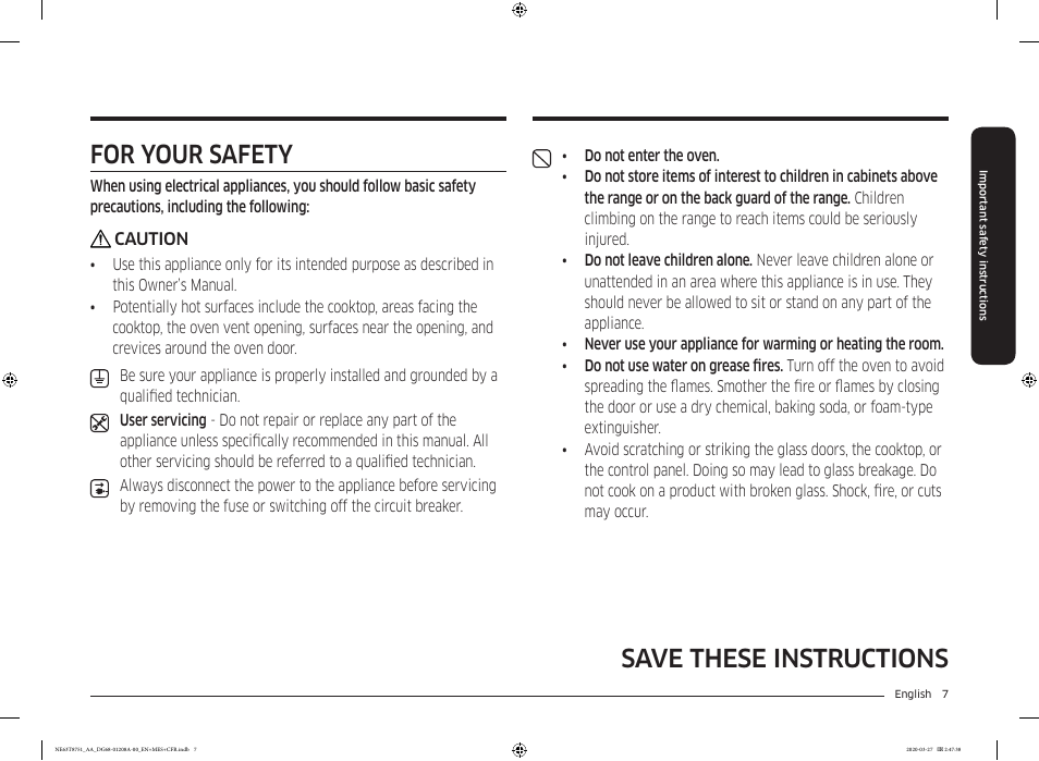 Save these instructions for your safety | Samsung 30 Inch Slide-in Electric Smart Range Owner Manual User Manual | Page 7 / 216