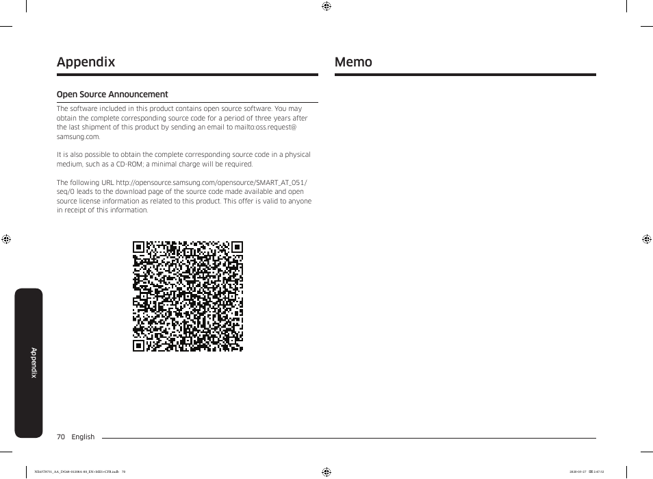 Appendix, Open source announcement, Appendix 70 | Samsung 30 Inch Slide-in Electric Smart Range Owner Manual User Manual | Page 70 / 216